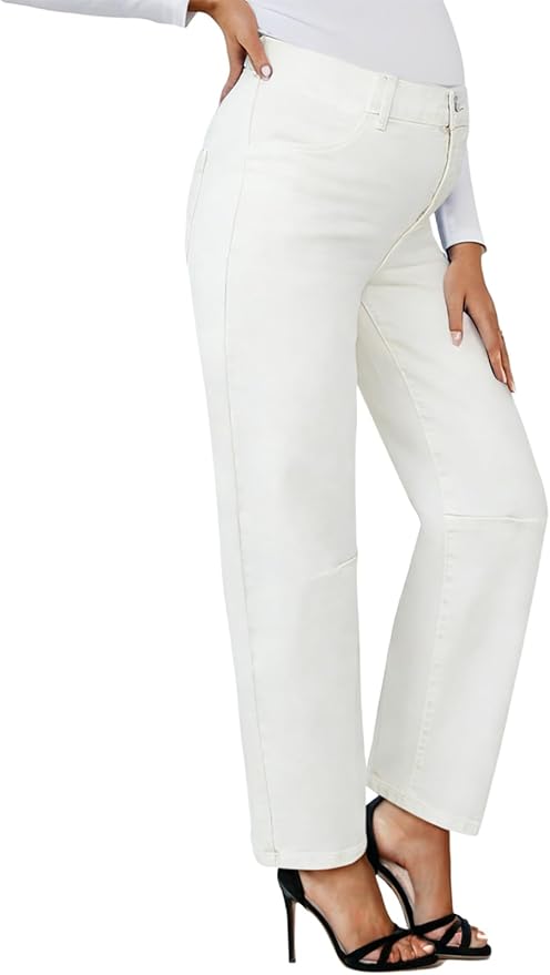 BLENCOT Women's Maternity Jeans Elastic Hight Waist Stretch Barrel Jeans Wide Leg Side Panel Pregnancy Denim Pants