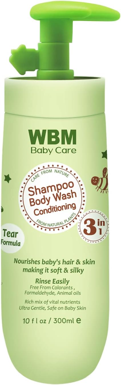 WBM Care 3-in-1 Baby Shampoo, enriched with honey, wheatgerm, and organic olive oil, nourishes baby hair with a gentle, tear-free formula for healthy care