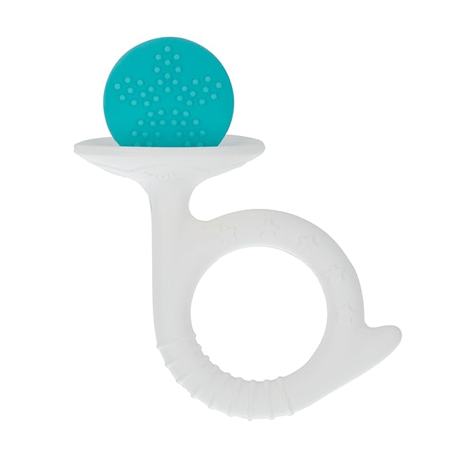 Nuby Silicone Fun Teethers - (2-Pack) Baby Teething Toy - Chick and Tuba Shapes - 3+ Months - Orange and Teal