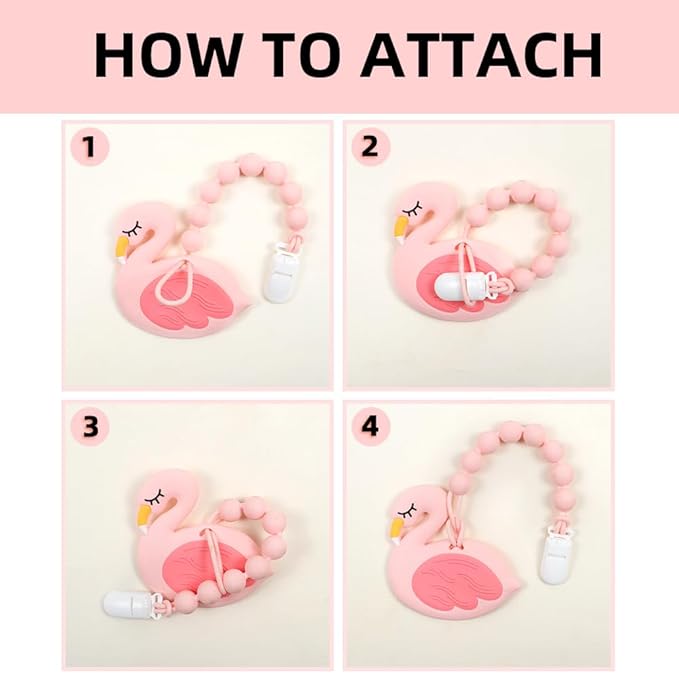 Baby Food Grade Silicone Teether Toy with Pacifier Clip Holder,Teething Toys Gift Set for 3 Months+ Boys and Girls,Freezer Safe,BPA Free. (Pink Flamingo)