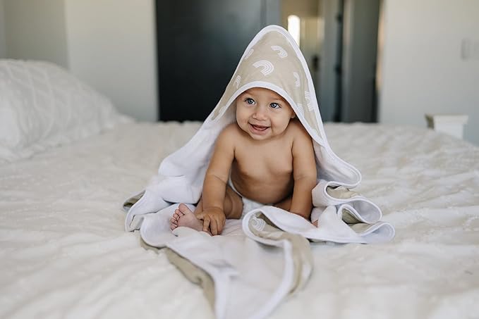 Mebie Baby Muslin Hooded Towel, Sand Rainbow, Cute Hooded Baby Bath Towel for Newborn, Infant & Toddler, Modern Baby Towels and Washcloths for Boy & Girl, Floral & Pattern Hooded Baby Towels