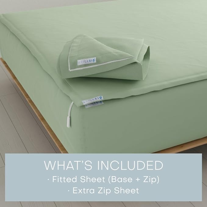 QuickZip Fitted Plus Spare Bundle: 1 Fitted & 1 Zip Sheet - Easy Change, Won't Pop Off - Soft Percale 400 TC 100% Cotton - 15' Deep Pockets Twin XL Size Sheets Sage