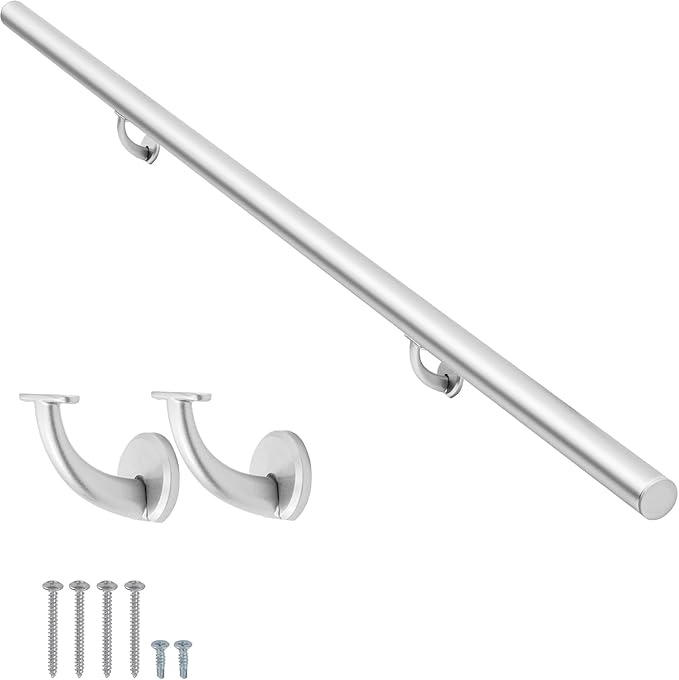 14 FT Modern Aluminum Handrail Set, handrails for Indoor Stairs,Deck,Slope, Wall Mounted Staircase handrails, Zink Alloy Brackets Included,Rust Free. (Anodized Silver, 14 FT)