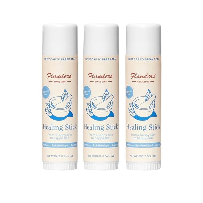 Flanders Healing Balm Stick - Safe for All Ages, Irritated Skin & Lips, Nipple Balm, Drool Rash, Raw Cuticles, Windburned Cheeks, Nostrils, Unscented (3 Pack of .5oz Sticks)