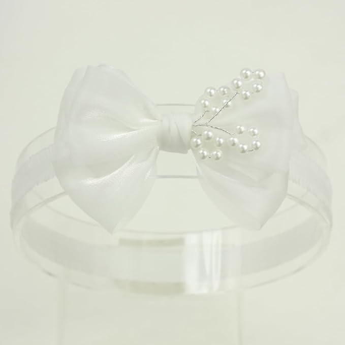Fairy Multi-layer Pearlescent Organza White Bow Headband for Baby Girl Baptism Christening White Bow Headpiece (0-6 months,Off White headband-5)