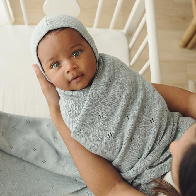Baby Gift Set - Organic Cotton Newborn Blanket Essentials, Thoughtful Baby Shower & New Baby Gift for Boys & Girls (Pointelle - Powder Blue)
