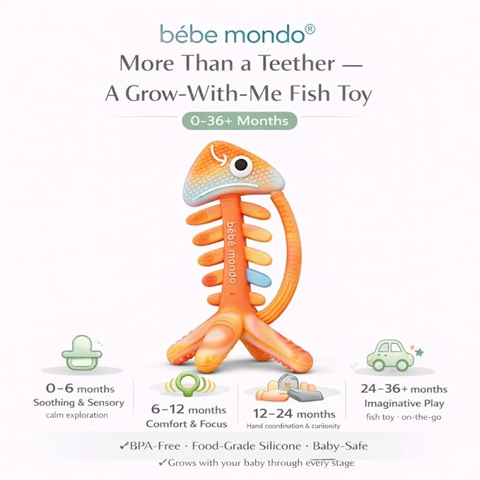 3 in 1 Infant Toys, Baby Teething Toys 3–6 6–12 Months, Teethers for Babies 0–3–6–12 Months for Teething Relief, Baby Gift, Baby Teether Toys, Silicone Sensory Toys,USA Patent Pending, Fish (Rainbow)