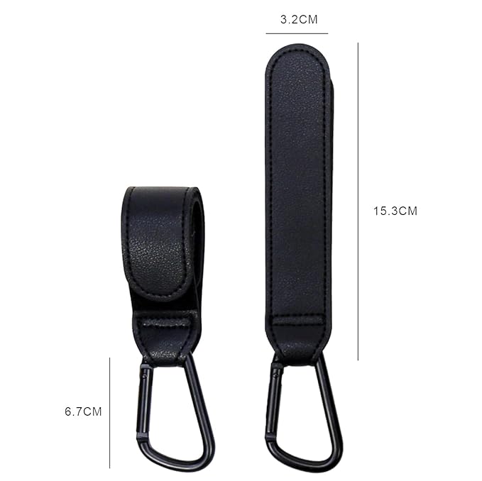 2PCS Stroller Hook Accessories, Multipurpose Stroller Bag Hook, Award Winning Leather Stroller Clip (Black)