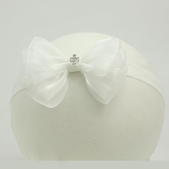 Off White Baptism Christening Pearlescent Organza Bow with Cross for Baby Girls (0-6 months,Off White headband-8)