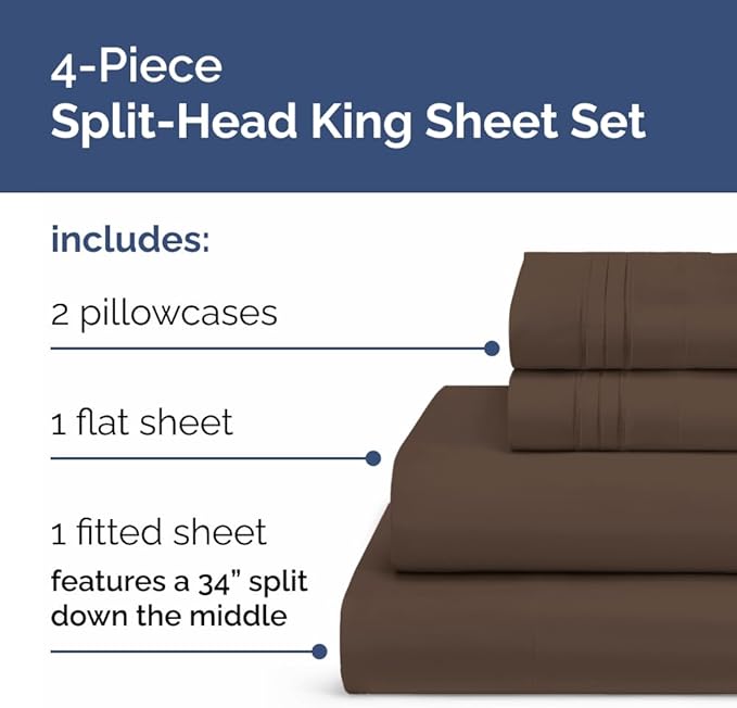 Flex Top Split Head King 4 Piece Sheet Set - Comfy Breathable & Cooling Bed Sheets Set - Hotel Luxury Bedding for Women, Men, Kids, Teens, Boys & Girls - Deep Pockets, Ultra-Soft - Oeko-Tex - Brown
