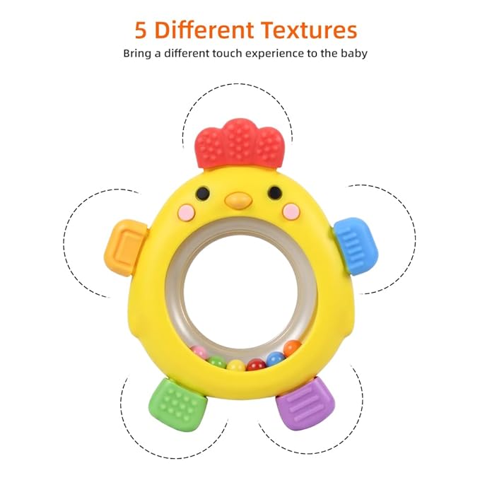 Baby Teether Rattle Toy,Babies Teething Rings Toys for 0-6 6-12 Months,Chicken Shape Textured Silicone Chew Toy for Gum Relief,Silicone Teether,BPA Free Baby Chew Toys Newborn Accessories