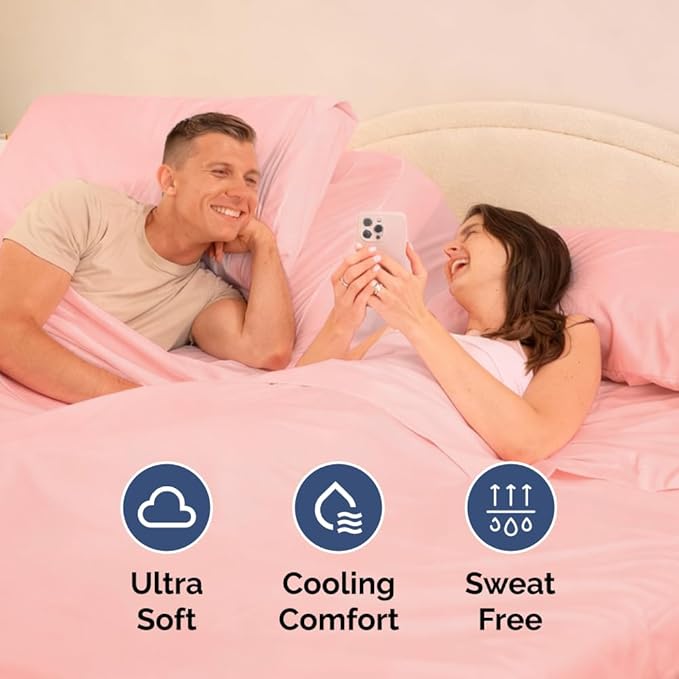 Split Head King Sheet Set – 4 Piece Flex Split Top King Sheets for Adjustable Beds - Fits 14” to 16" Mattress w/ Deep Pockets - Soft, Breathable & Cooling - Luxury Bedding and Wrinkle Free - Baby Pink