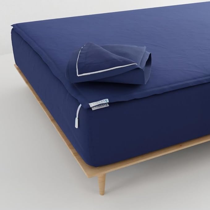 QuickZip Fitted Plus Spare Bundle: 1 Fitted Sheet (Base + Zip Sheet) & 1 Zip Sheet - Easy to Change, Won’t Pop Off - Soft Percale 400 TC 100% Cotton - 15” Deep Pockets Twin XL Size Sheets – Deep Navy