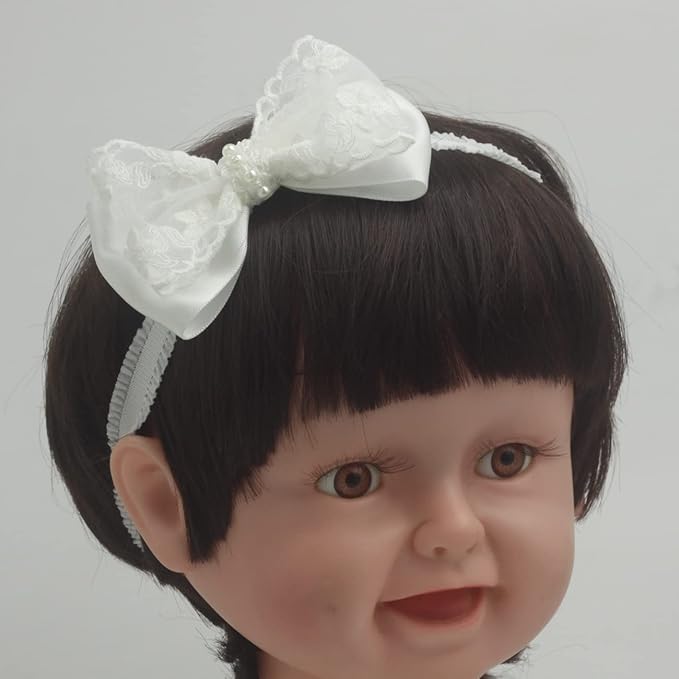 White Baby Bow Headband for Baptism Christening Satin Lace Hair Band with Cross for Toddler (Embroidery Lace +pearl white bow-3, 0-6 months)