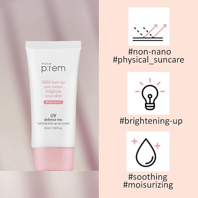 MAKE P:REM UV Defense Me. Calming Tone Up Sunscreen, Non-Nano Zinc Oxide, Reef Safe, Chemical Free, Non-Greasy, SPF 50, Korean Sunscreen,1.69 fl. oz. (50ml)