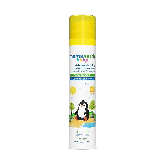 Mamaearth Moisturizing Ultra Light SPF 50 Baby Sunscreen Lotion with PA++++ | Broad Spectrum Protection for 0-10 Years | Water Resistant | with Zinc Oxide | 1.69 Fl Oz/50 ml