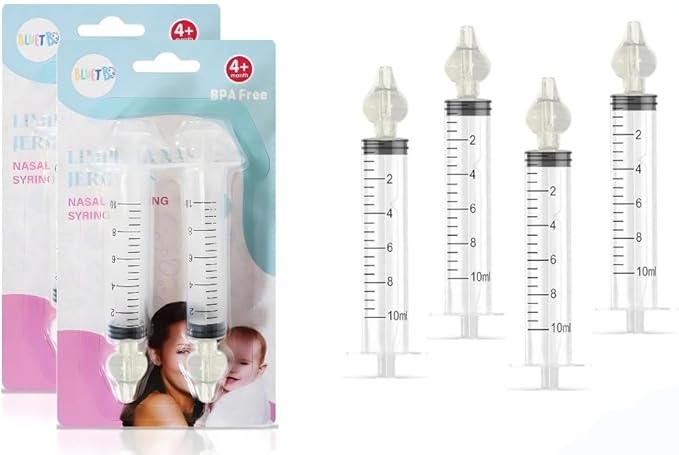 Bluet B - Baby Nasal Syringe (4-Pack) - Safe Silicone Nasal Aspirator for Newborn - Infant Mucus Removal - 10ml Nose Cleaner Syringe for Baby - Toddler Congestion Relief - Reusable Tips - White