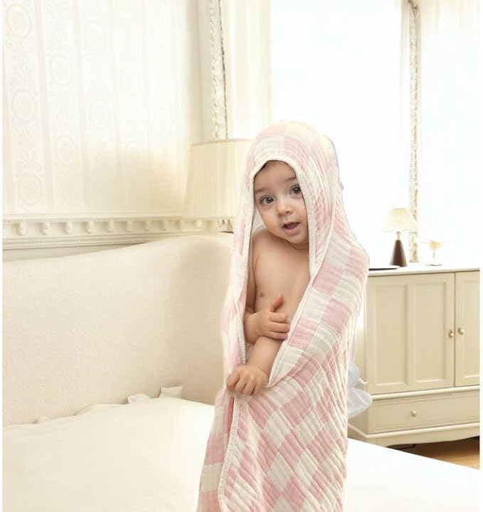 Ultra Soft Checkered Muslin Hooded Baby Towels for Newborn Boys and Girls 2 Pack 32x32 inch Cotton Muslin Baby Bath Towels for Newborns Toddlers,Newborn Essential (Cream and Pink)