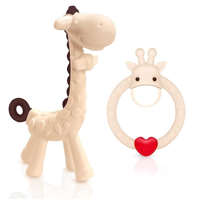 SHARE&CARE Easter Day Gifts Silicone Giraffe Baby Teether Toy with Storage Case, for 3 Months Above Infant Sore Gums Pain Relief, Baby Teething Toys, Women Gift for Mom, Wife, Her (Cream)