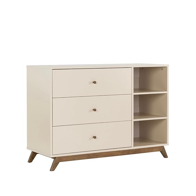 dadada Central Park 3-Drawer Dresser with Open Shelving - Modern Design, Baby-Safe Finish, Forged Steel Support, Sturdy Wood Legs, for Nursery, Kids or Teen Room, 47” Wide (Almond Milk+Walnut)