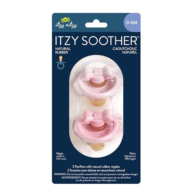 Itzy Ritzy Natural Rubber Pacifiers – Baby Pacifiers with Cherry-Shaped Nipple & Large Air Holes for Added Safety - Set of 2 Binkies in Light Pink & Dark Pink Bows (Ages 0 – 6 Months)