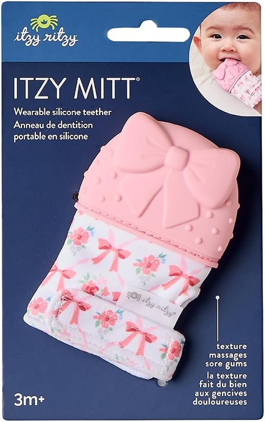 Itzy Ritzy Silicone Teething Mitt - Soothing Infant Teething Mitten with Adjustable Strap, Crinkle Sound & Textured Silicone to Soothe Sore & Swollen Gums - for Ages 3 Months & Up (Bow)
