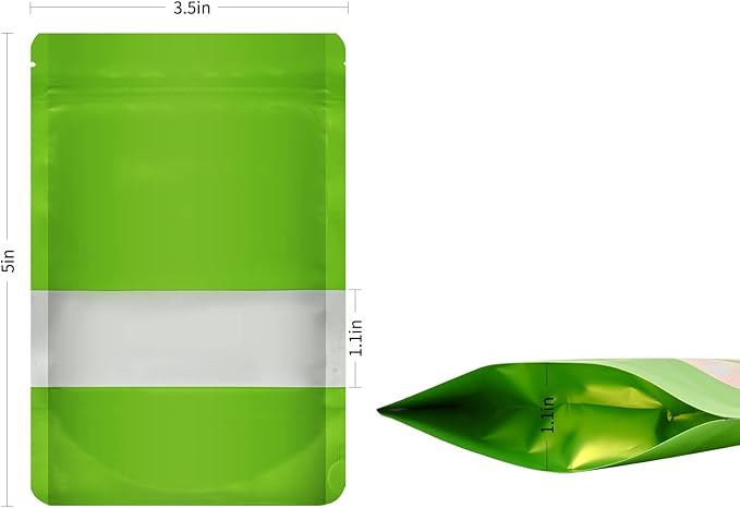 100 Mylar Bags, Resealable Foil Pouch with Clear Window, Stand-up Food Storage Bags, Green, 3.5 x 5 Inch