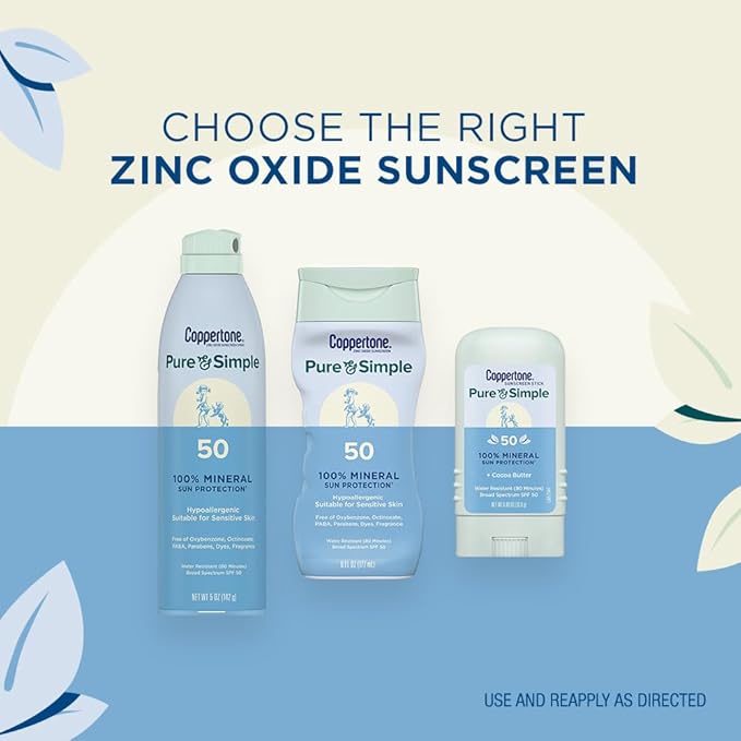 Coppertone Pure and Simple Zinc Oxide Mineral Sunscreen Lotion SPF 50, Water Resistant Sunscreen for Sensitive Skin, Hypoallergenic and Fragrance Free, 6 Fl Oz Bottle