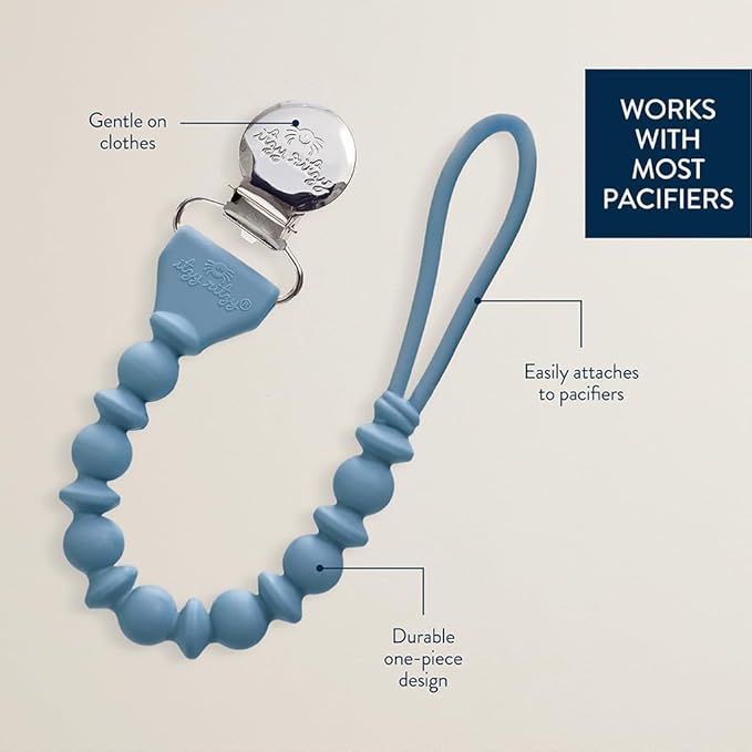 Itzy Ritzy Silicone Pacifier Clip; 100% Food Grade Silicone Pacifier Strap with Clip Keeps Pacifiers, Teethers & Small Toys in Place Features One-Piece Design & Cord (Blue)