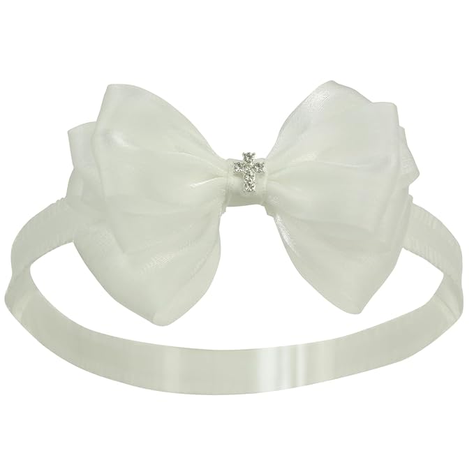 Off White Baptism Christening Pearlescent Organza Bow with Cross for Baby Girls (0-6 months,Off White headband-8)
