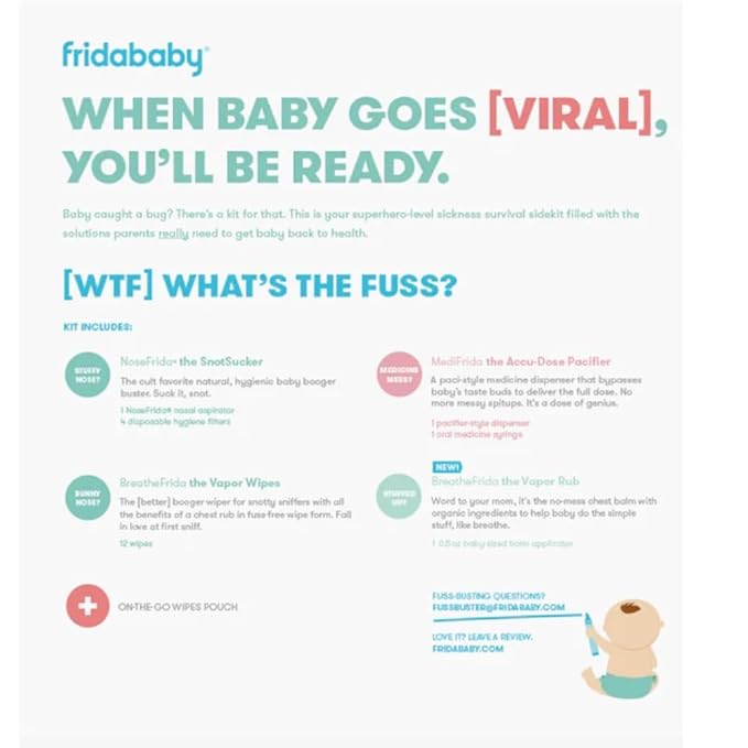 Frida Baby Sick Day Prep Kit- Include NoseFrida Nasal Aspirator/MediFrida Pacifier Medicine Dispenser/Breathefrida Vapor Chest Rub + Snot Wipe/Soothe Stuffy Nose for Babies, 4 Count (Pack of 8)