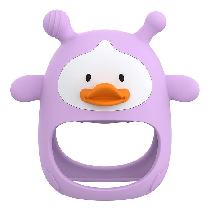 Never Drop Silicone Baby Teether, Hand Pacifier for Sucking Babies 0-6 Months, Soothing Pain Relief, Best Chew Toy, Teething Mitten for New Born - Purple