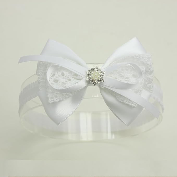 Nihao Baby White Cotton Lace and Satin Bow Hairband with Pearl - Baptism, Communion, First Birthdays - Hair Styling - For Baby Girls - 0-6 Month