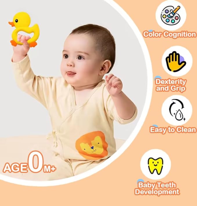 [BabyBite] Baby Teething Toys Cute Duck Teether for Sensory and Developmental Play for Baby and Toddler 100% BPA Free Food Grade Silicone (Blue)