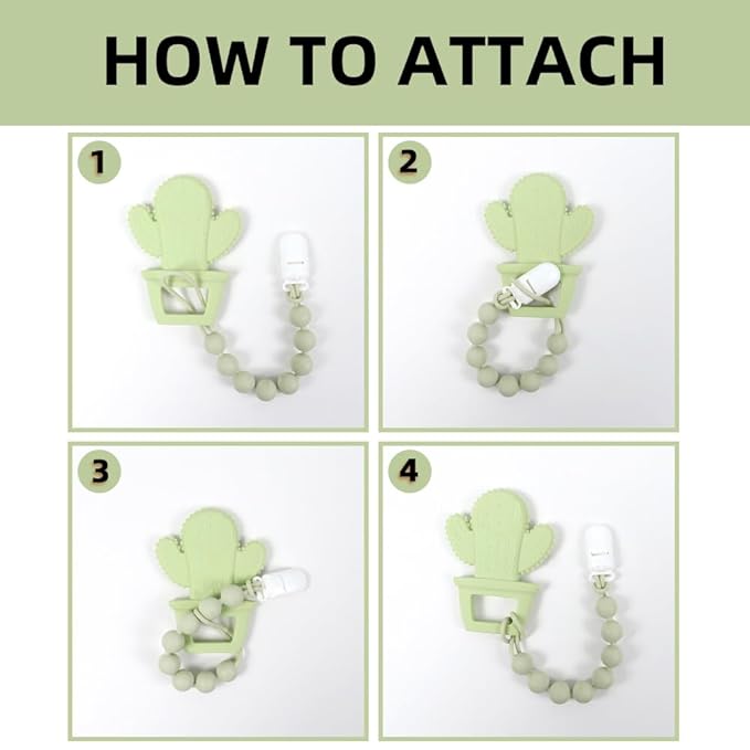 Baby Food Grade Silicone Teether Toy with One Piece Design Pacifier Clip Holder,Teething Pain Relief Toys Gift Set for 3 Months+ Boys and Girls,Freezer Safe,BPA Free. (Cacuts)