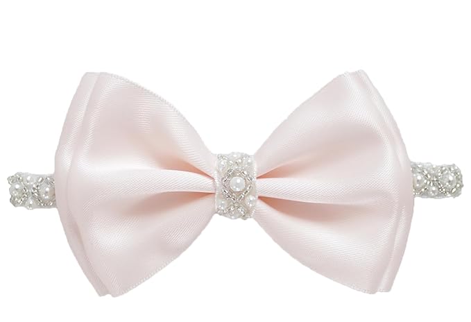 0-12 Newborn Baby Baptism Pearl Headband or Clip with Bow in WHITE Christening Headband with Satin Bow, Pearl Rhinestone Band (Light Pink(6-12Months), 1 Count (Pack of 1))