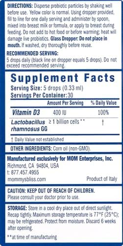Mommy's Bliss Baby Probiotic Drops + Vitamin D, Supports Digestive Health and Immunity, 400IU Vitamin D for Healthy Bone Development, Newborns +, Flavorless, 0.34 Fl Oz (30 Servings) (Pack of 2)