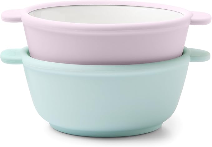 Ello Clean Start Toddler Bowls 2 Pack | Ceramic Kids/Baby Bowls with Silicone Sleeves | BPA-Free, Plastic-Free | Microwave & Dishwasher Safe | High Chair Friendly, Stackable | Dewdrop/Sugarplum