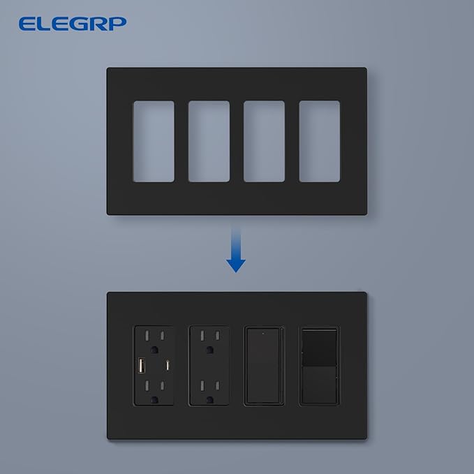 ELEGRP 4-Gang Screwless Decorative Wall Plates, Mid-Size Unbreakable Thermoplastic Faceplate Cover for Decorator Receptacle Outlet Switch, UL Listed (5 Pack, Matte Black)