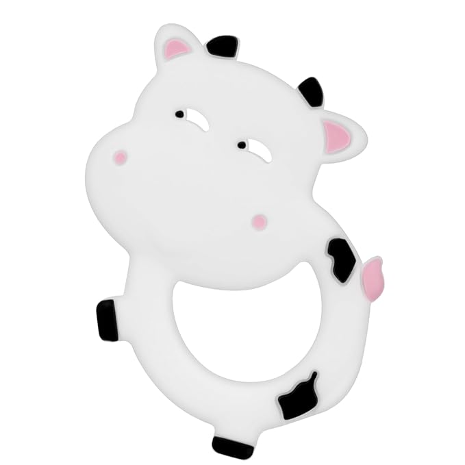 Silicone Baby Teether Ring for 3–12 Months, BPA-Free Soft Teething Toy, Easy-Grip Cow Infant Teether for Boys and Girls (White)
