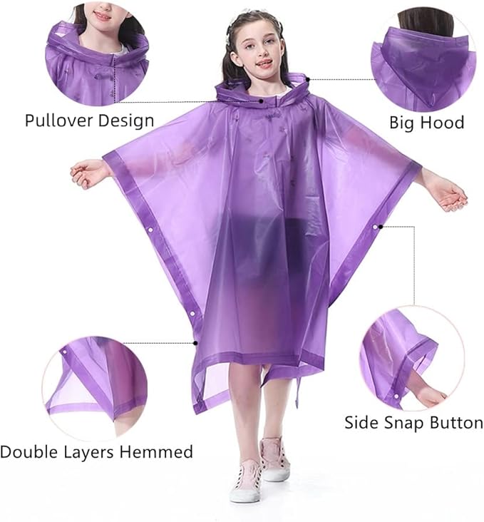 Rain Poncho for Kids (2 Pack), Reusable EVA Children Raincoat Ponchos Rain Jacket with Hood for 6-14 Girls Boys