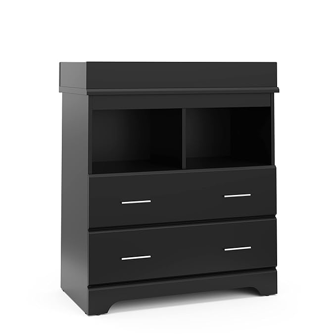 Storkcraft Brookside 2 Drawer Changing Table Dresser (Black) – GREENGUARD Gold Certified, Easy-to-Match Chest of Drawers and Cubbies for Nursery and Kids Bedroom, Includes Changing Table Topper