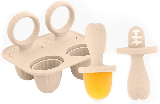 Silicone Popsicle Molds, Mini Breastmilk Popsicle Molds with Sticks, Frozen Breast Milk Teether Popsicle Maker Ice Pop Molds for Infant Feeding Spoon (1Set-Beige)