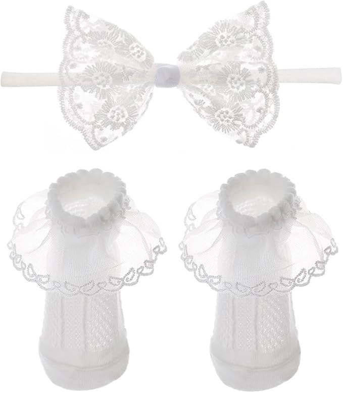 Baby Lace Bow Headband and Sock Set, Toddler Infant Cotton Socks Baptism Headband White Christening Headbands TSFD57