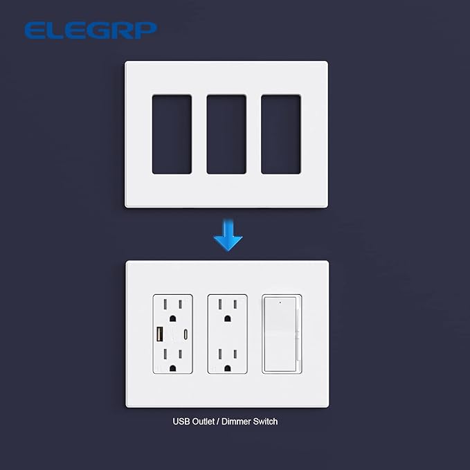 ELEGRP 3-Gang Screwless Decorative Wall Plates, Mid-Size Unbreakable Thermoplastic Faceplate Cover for Decorator Receptacle Outlet Switch, UL Listed (1 Pack, Matte White)