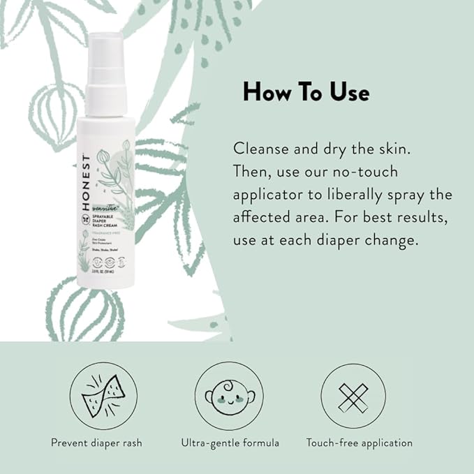 The Honest Company Baby Diaper Rash Cream Spray, Moisturizing, Calming Zinc Oxide, Hypoallergenic, Dermatologist Tested, Cruelty-Free, 2 fl oz
