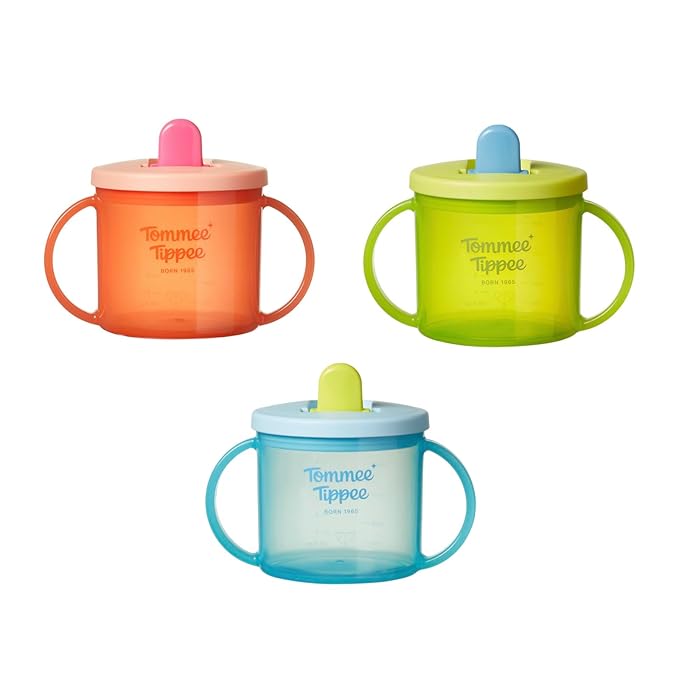 Tommee Tippee First Baby Sippy Cups with Spout and Lid, Ages 4 Months+, 6 oz, Leak-Proof Durable Spout, Easy Grip Handles, Bright Multicolor, Pack of 3