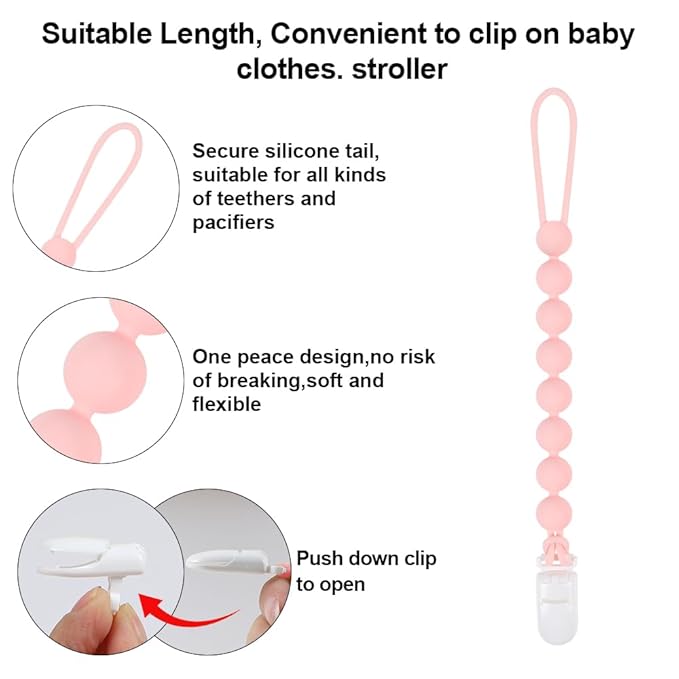 Baby Food Grade Silicone Teether Toy with One Piece Design Pacifier Clip Holder,Teething Toys Gift Set for 3 Months+ Boys and Girls,Freezer Safe,BPA Free. (Pink Elephant)