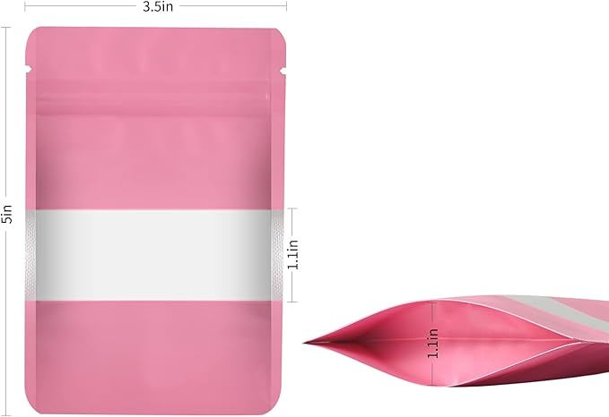 100 Pieces Smell Proof Mylar Resealable Food Storage Bags With Clear Window, Foil Pouch Stand-up for Self Sealing Supplies (Pink, 3.5 x 5 Inch)