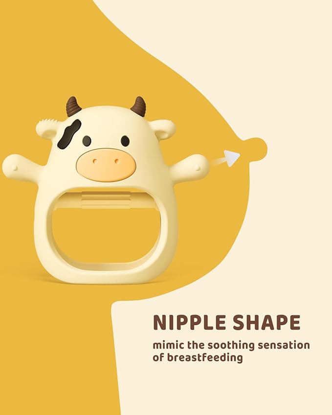 ChooKaChoo 2 Pack Baby Teething Toy for Over 3 Months, Food Grade Silicone Teething Mitten, Anti Dropping Wrist Hand Teethers Baby Chew Toys for Sucking Needs, BPA Free (MooMoo Cow)
